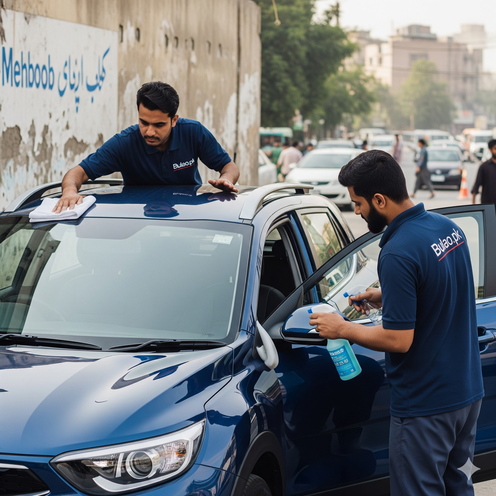 KIA Stonic SUV being professionally detailed by two Bulao.pk technicians on a Karachi street