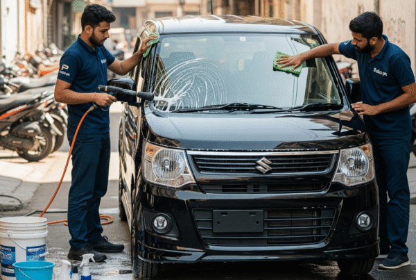 Two Bulao.pk technicians cleaning a black Suzuki Wagon R Stingray JDM on a Karachi residential street, one using a foam lance and the other wiping the hood.