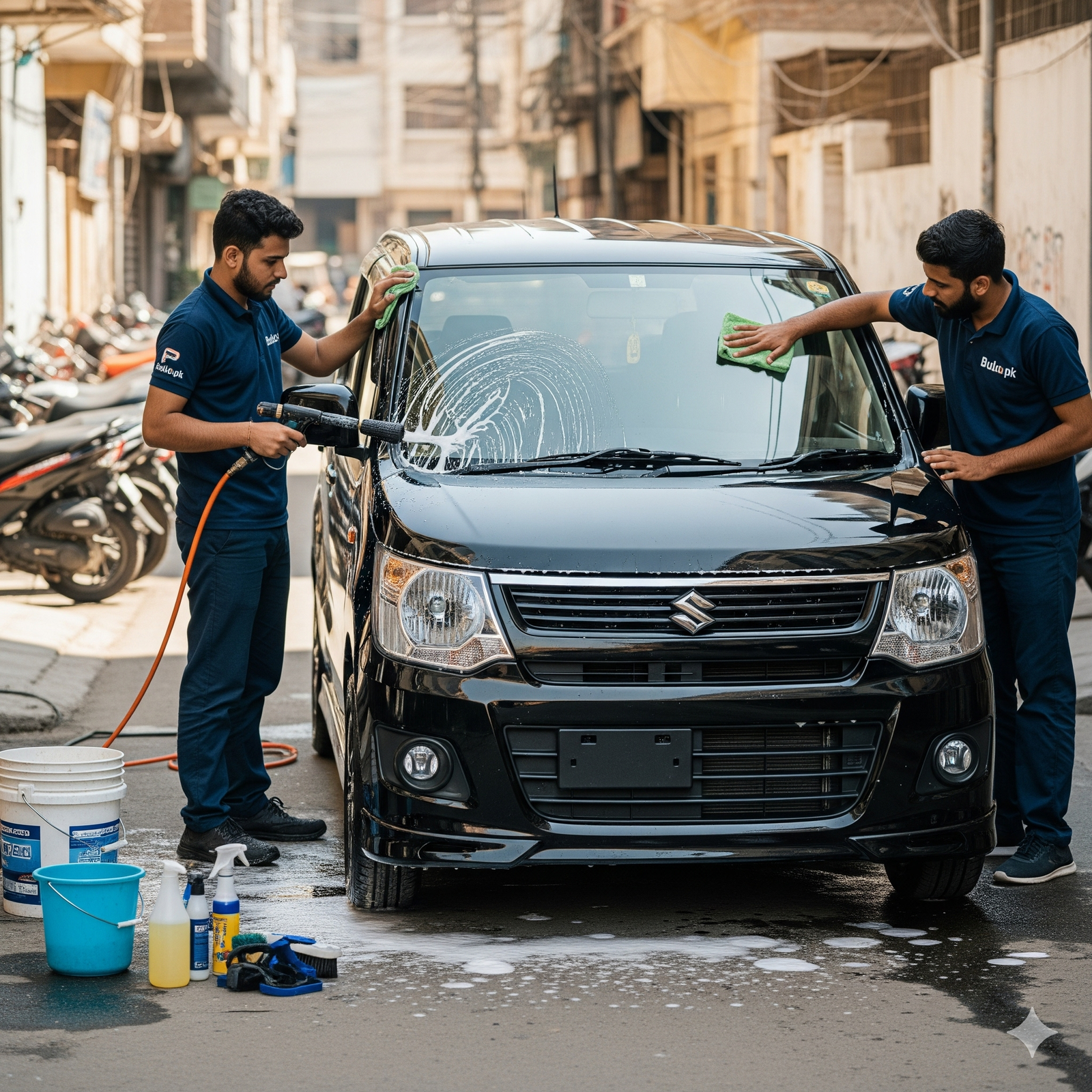 Two Bulao.pk technicians cleaning a black Suzuki Wagon R Stingray JDM on a Karachi residential street, one using a foam lance and the other wiping the hood.
