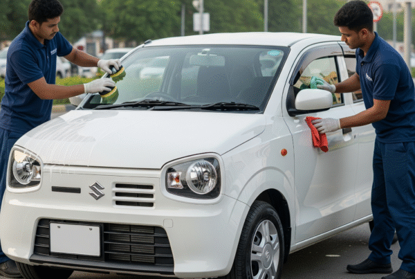 Suzuki Alto 2020 car cleaning and detailing service in Karachi โ professional technicians in plain navy blue uniforms washing and polishing a white Alto, shiny finish and spotless exterior.