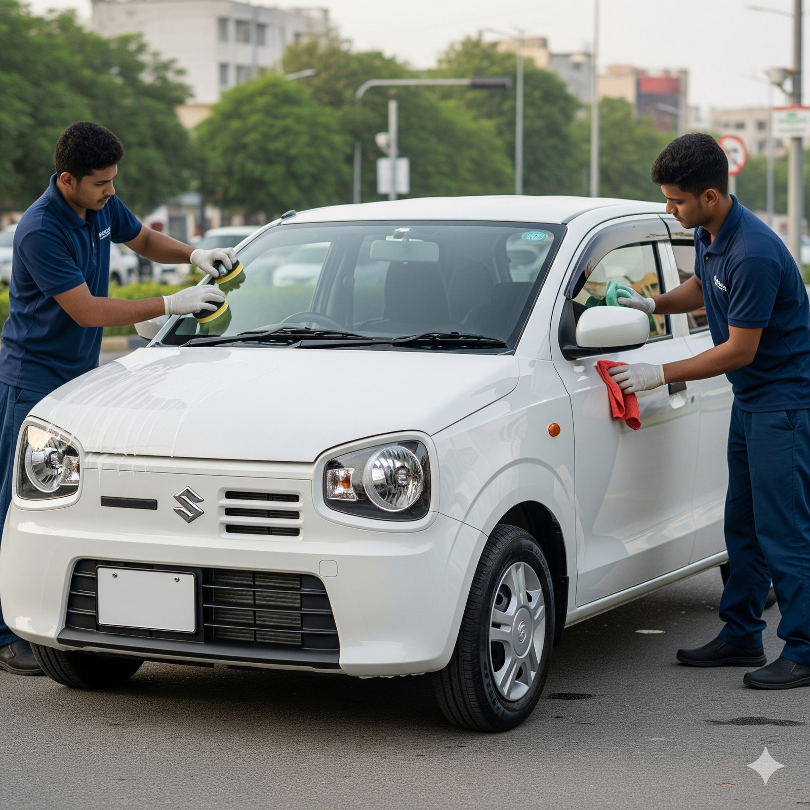 Suzuki Alto 2020 car cleaning and detailing service in Karachi – professional technicians in plain navy blue uniforms washing and polishing a white Alto, shiny finish and spotless exterior.