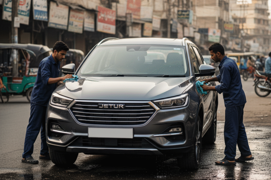 Jetour X70 SUV getting full detailing service in Karachi, with technicians cleaning exterior and polishing body for a showroom-like shine