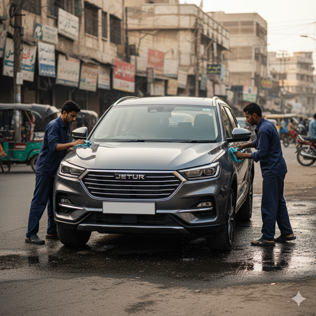 Jetour X70 SUV getting full detailing service in Karachi, with technicians cleaning exterior and polishing body for a showroom-like shine
