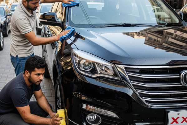 Two male detailers washing and polishing a black Changan Oshan X7 SUV on a Karachi street, with shiny paint, clean wheels, and a realistic urban background