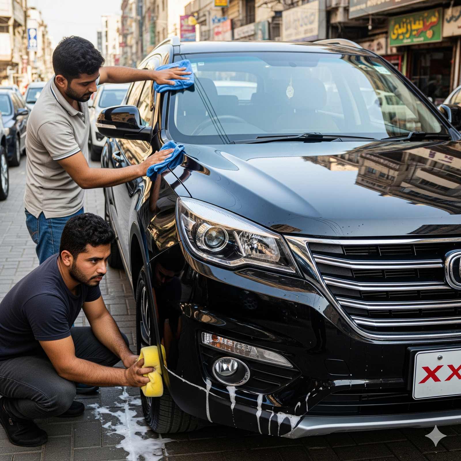 Two male detailers washing and polishing a black Changan Oshan X7 SUV on a Karachi street, with shiny paint, clean wheels, and a realistic urban background