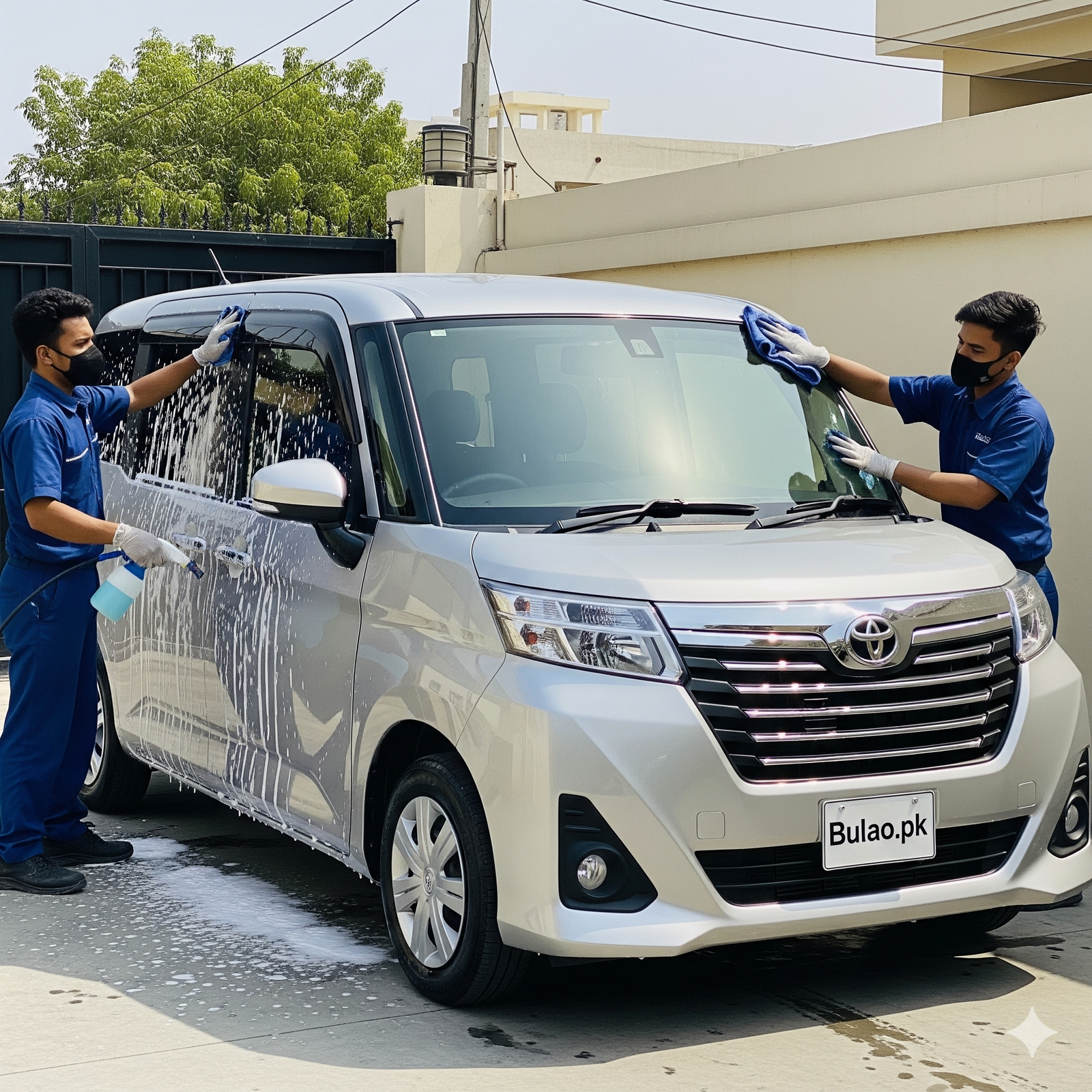 Toyota Roomy MPV getting a professional foam wash and windshield cleaning in Karachi.