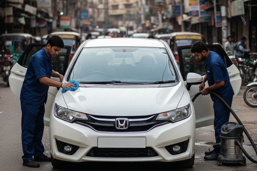 Honda Fit JDM hatchback getting professional car detailing in Karachi with technicians cleaning interior and polishing exterior for a spotless finish