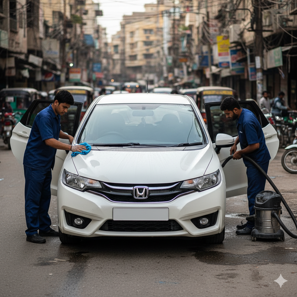 Honda Fit JDM hatchback getting professional car detailing in Karachi with technicians cleaning interior and polishing exterior for a spotless finish
