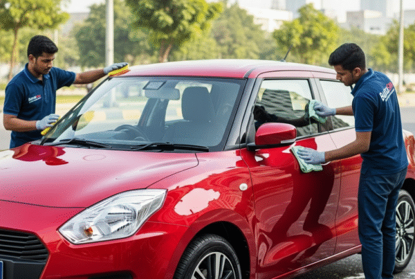 Suzuki Swift car cleaning and detailing service in Karachi – professional technicians hand-washing and polishing a red Swift hatchback, shiny tires, spotless paint, perfect for urban commuters.
