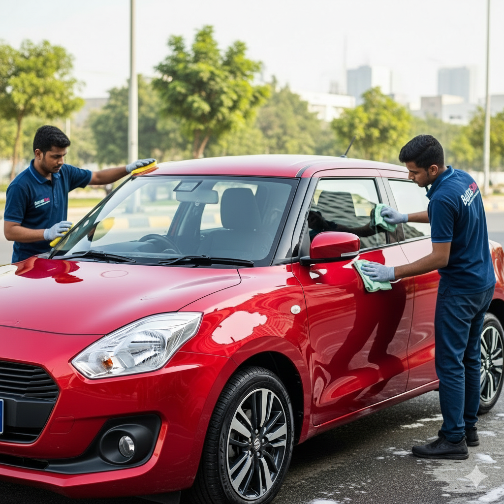 Suzuki Swift car cleaning and detailing service in Karachi – professional technicians hand-washing and polishing a red Swift hatchback, shiny tires, spotless paint, perfect for urban commuters.