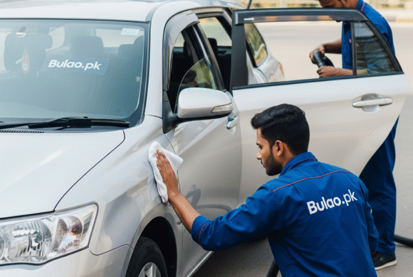 Toyota Corolla Fielder being professionally cleaned and detailed in Karachi for a shiny exterior and clean interior.