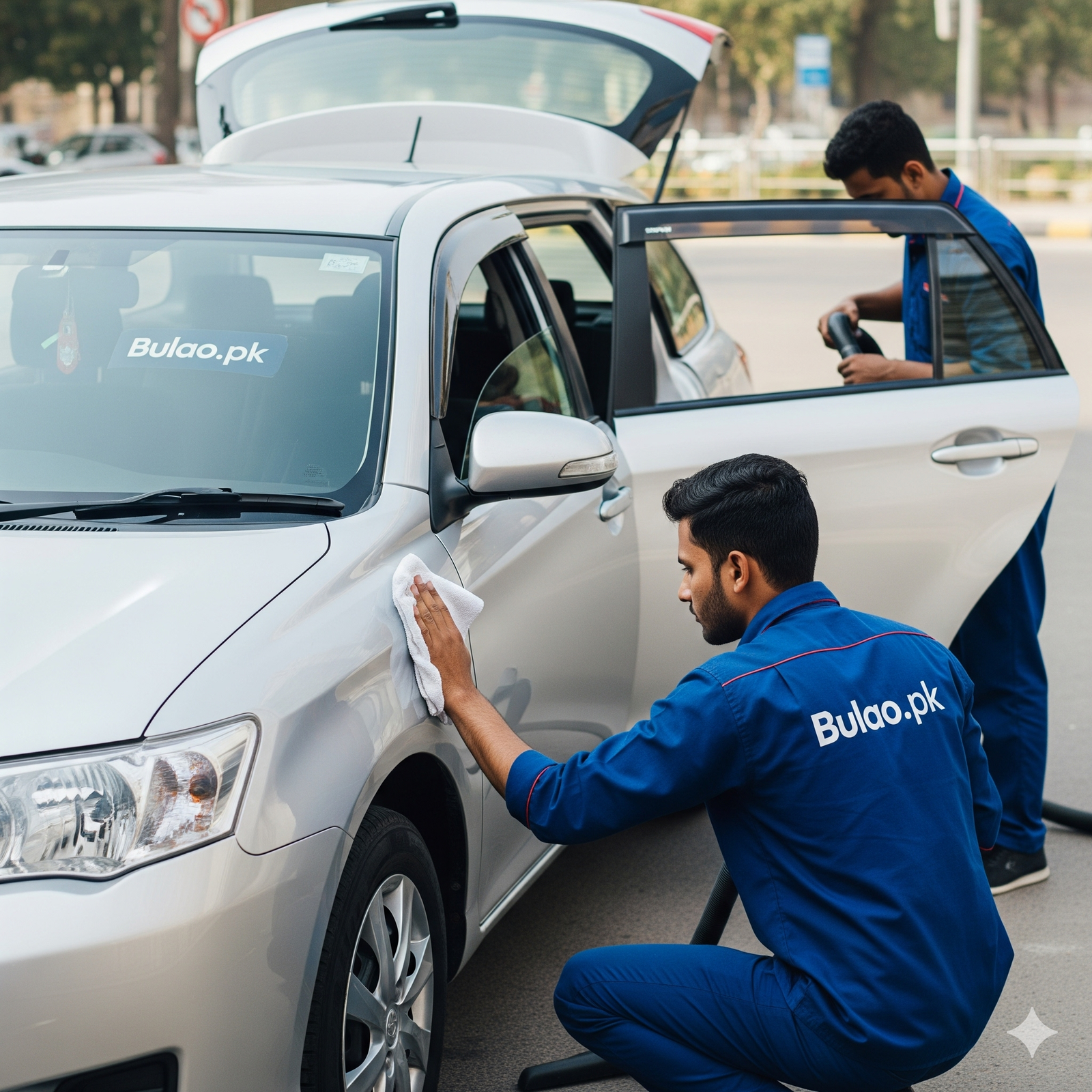 Toyota Corolla Fielder being professionally cleaned and detailed in Karachi for a shiny exterior and clean interior.