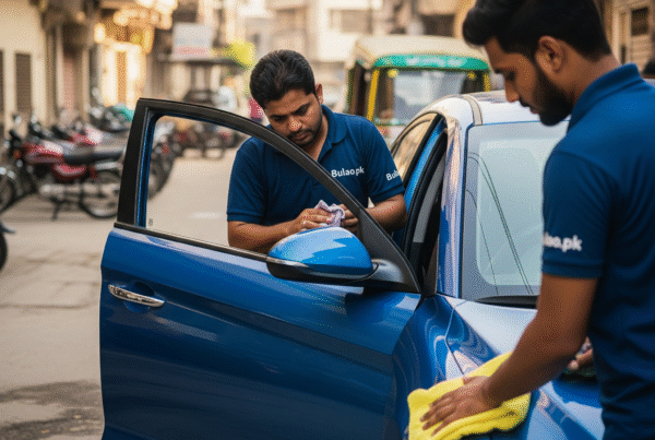 Realistic photo of Hyundai Elantra being professionally detailed on a Karachi street, with two technicians in navy blue Bulao.pk shirts cleaning the dashboard and polishing the front fender under natural daylight.