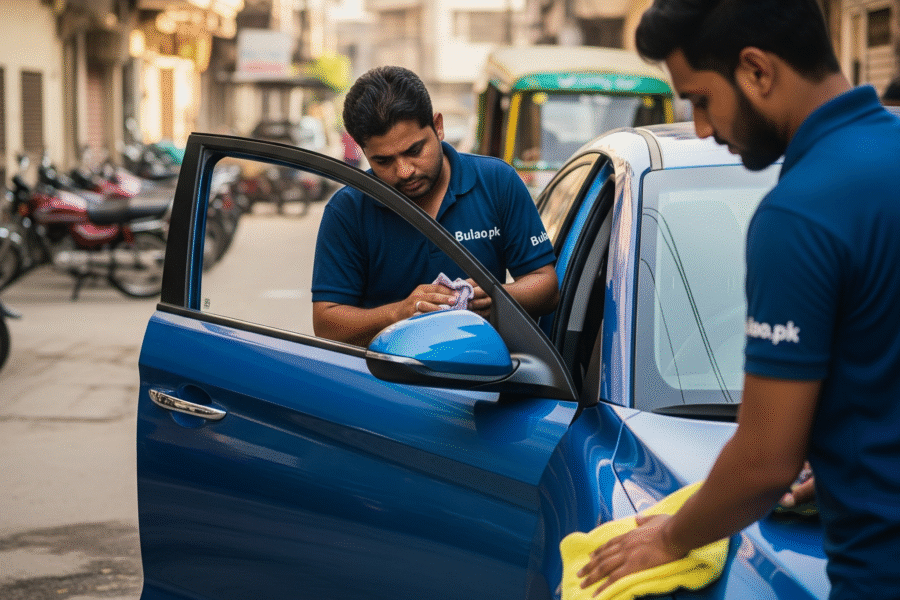 Realistic photo of Hyundai Elantra being professionally detailed on a Karachi street, with two technicians in navy blue Bulao.pk shirts cleaning the dashboard and polishing the front fender under natural daylight.