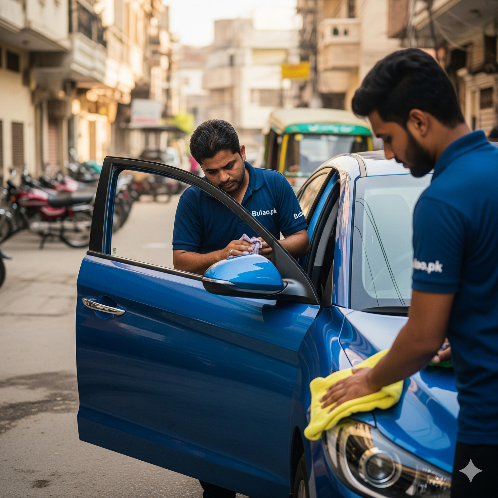 Realistic photo of Hyundai Elantra being professionally detailed on a Karachi street, with two technicians in navy blue Bulao.pk shirts cleaning the dashboard and polishing the front fender under natural daylight.