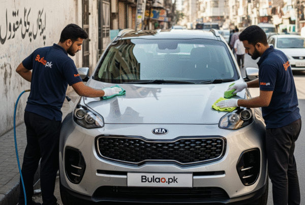 KIA Sportage 2018 being professionally detailed by two Bulao.pk technicians on Karachi street