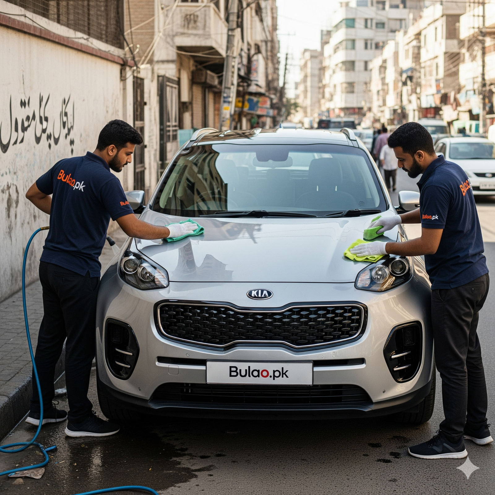 KIA Sportage 2018 being professionally detailed by two Bulao.pk technicians on Karachi street