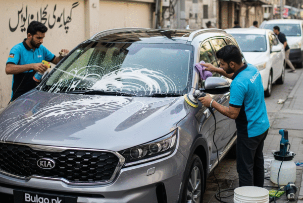 "KIA Sorento SUV being detailed by two Bulao.pk technicians on Karachi street