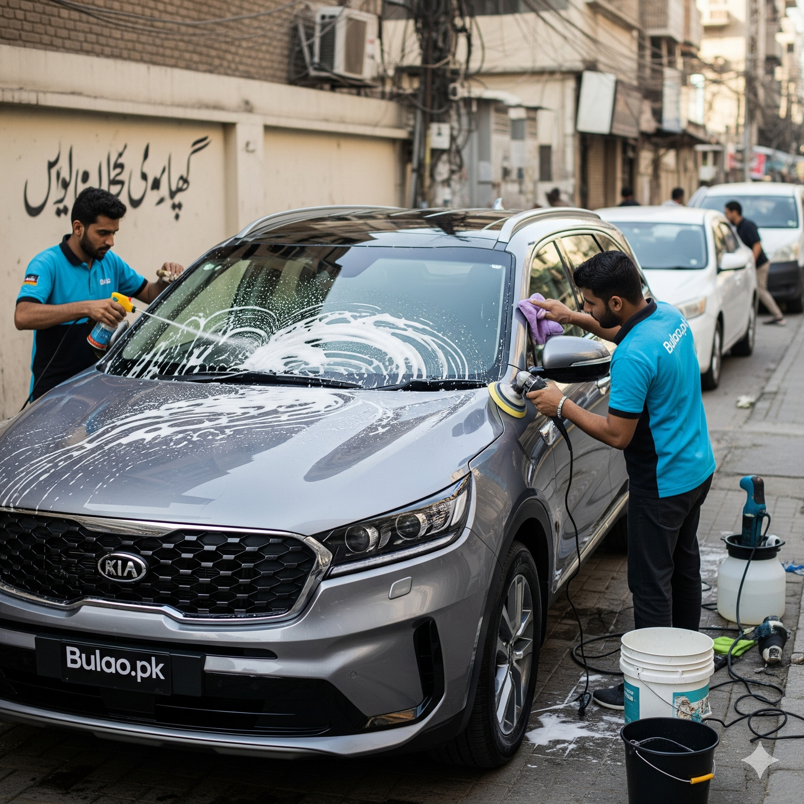 "KIA Sorento SUV being detailed by two Bulao.pk technicians on Karachi street