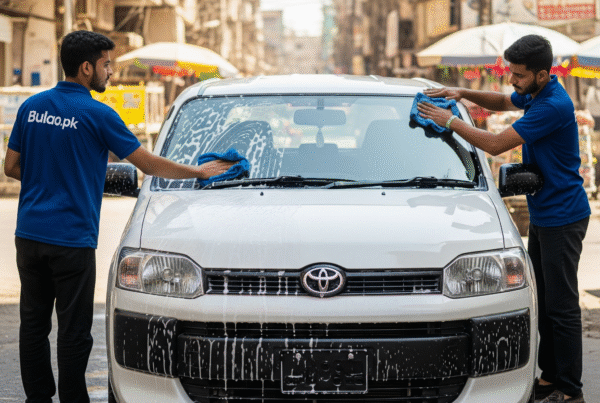 Toyota Probox being washed and detailed by two technicians in Karachi, keeping it clean and shiny