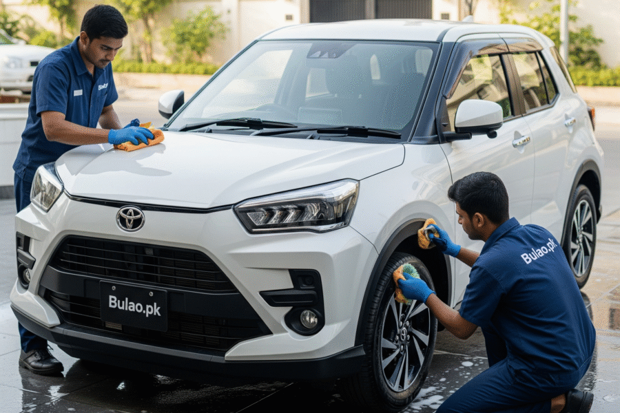 Toyota Raize receiving professional detailing service by Bulao.pk in Karachi, with technicians polishing the hood and cleaning the wheels
