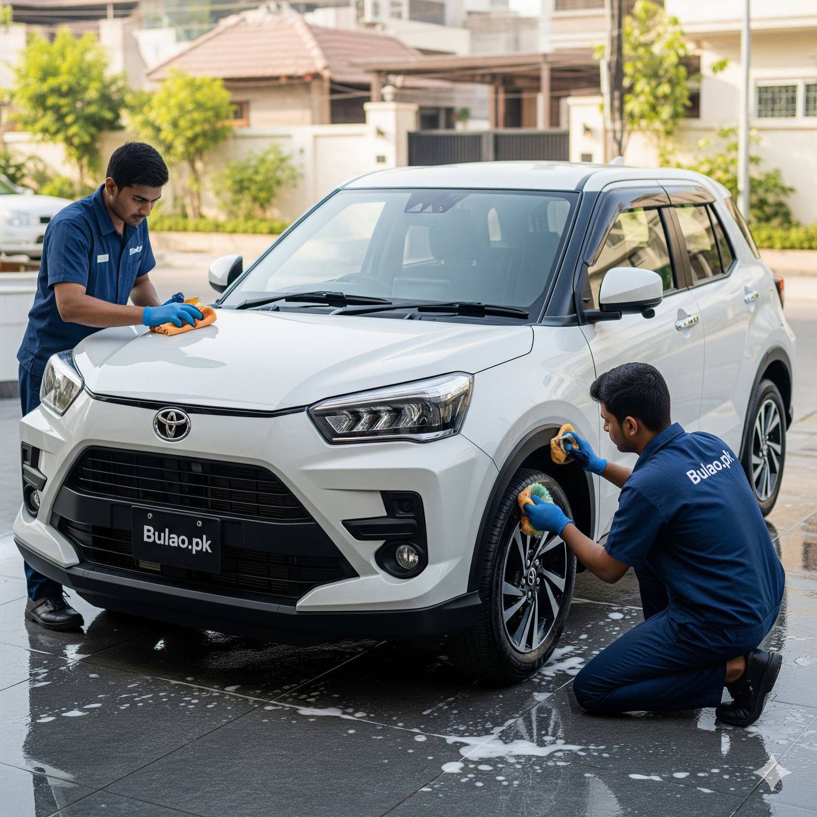 Toyota Raize receiving professional detailing service by Bulao.pk in Karachi, with technicians polishing the hood and cleaning the wheels