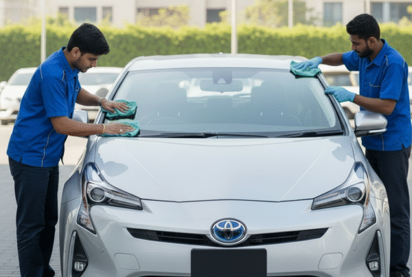 Toyota Prius 2018 getting professional exterior detailing and polishing in Karachi by Bulao.pk experts, showcasing a glossy, well-maintained hybrid sedan.