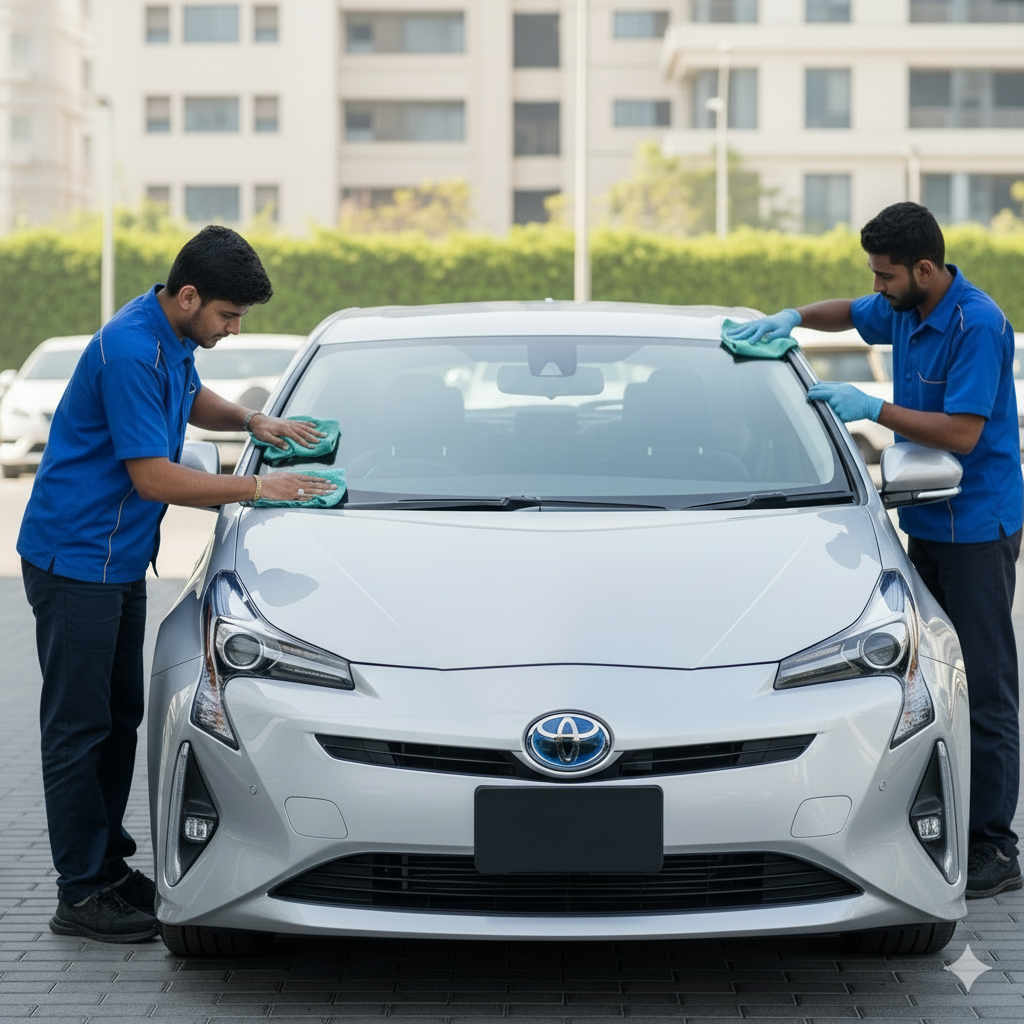 Toyota Prius 2018 getting professional exterior detailing and polishing in Karachi by Bulao.pk experts, showcasing a glossy, well-maintained hybrid sedan.