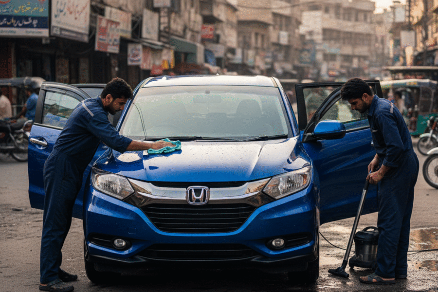 Honda Vezel SUV professional detailing service in Karachi with technicians cleaning and polishing to keep it spotless and stylish