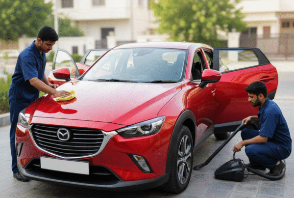 Professional Mazda CX-3 car cleaning and detailing service in Karachi with technicians waxing and vacuuming for a spotless finish.
