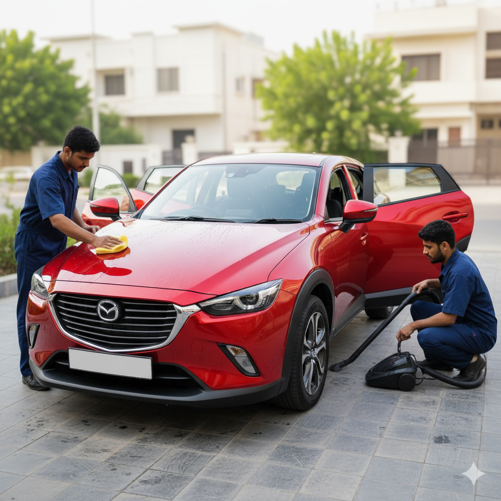 Professional Mazda CX-3 car cleaning and detailing service in Karachi with technicians waxing and vacuuming for a spotless finish.