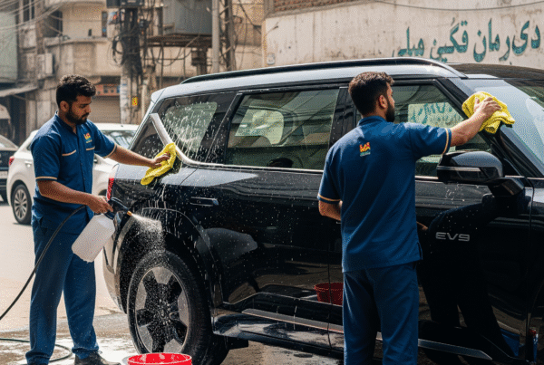 KIA EV9 SUV being washed by two technicians, Urdu wall chalking visible in Karachi street