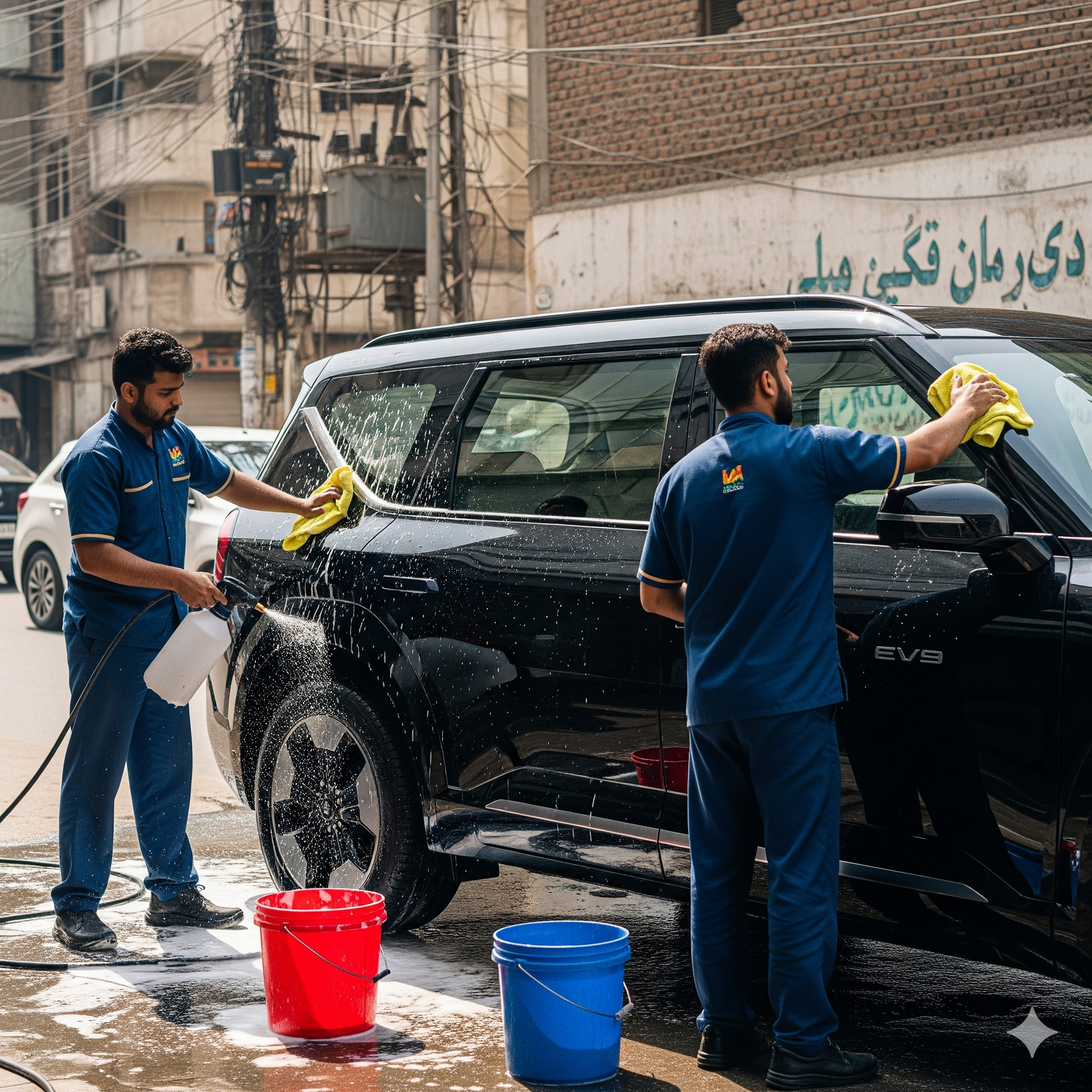 KIA EV9 SUV being washed by two technicians, Urdu wall chalking visible in Karachi street