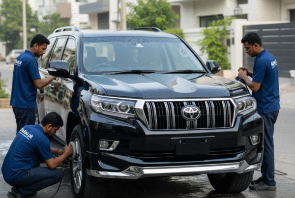 "Toyota Land Cruiser Prado being polished and cleaned by Bulao.pk detailing professionals in Karachi, showcasing premium SUV care.