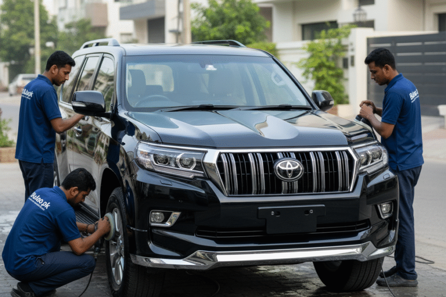 "Toyota Land Cruiser Prado being polished and cleaned by Bulao.pk detailing professionals in Karachi, showcasing premium SUV care.