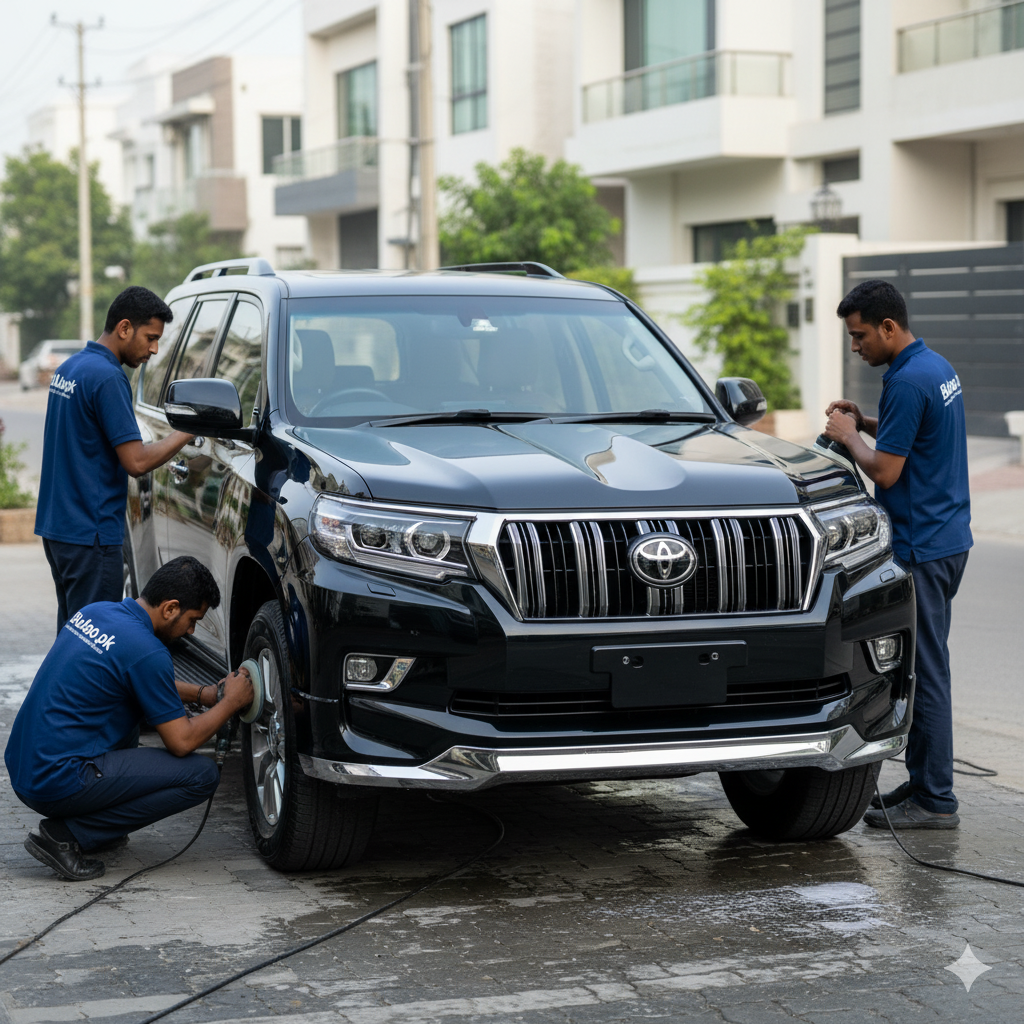 "Toyota Land Cruiser Prado being polished and cleaned by Bulao.pk detailing professionals in Karachi, showcasing premium SUV care.