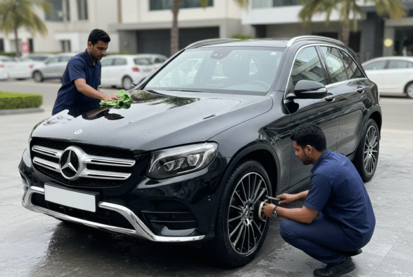 Mercedes-Benz GLC luxury SUV being professionally cleaned and detailed, with technicians polishing the exterior and cleaning the wheels for a premium, spotless finish.