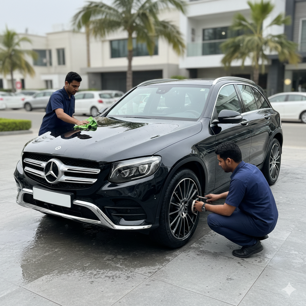 Mercedes-Benz GLC luxury SUV being professionally cleaned and detailed, with technicians polishing the exterior and cleaning the wheels for a premium, spotless finish.
