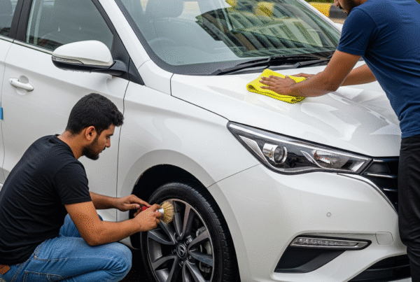 Two technicians detailing a white Changan Alsvin sedan on a Karachi street, one cleaning wheels, other polishing hood, with Urdu wall chalking in the background.