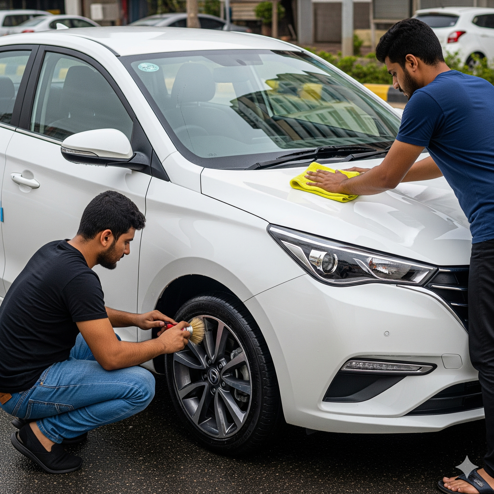 Two technicians detailing a white Changan Alsvin sedan on a Karachi street, one cleaning wheels, other polishing hood, with Urdu wall chalking in the background.