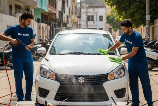 Two Bulao.pk technicians in navy blue uniforms washing and polishing a white Suzuki Cultus 2021 model on a Karachi residential street.