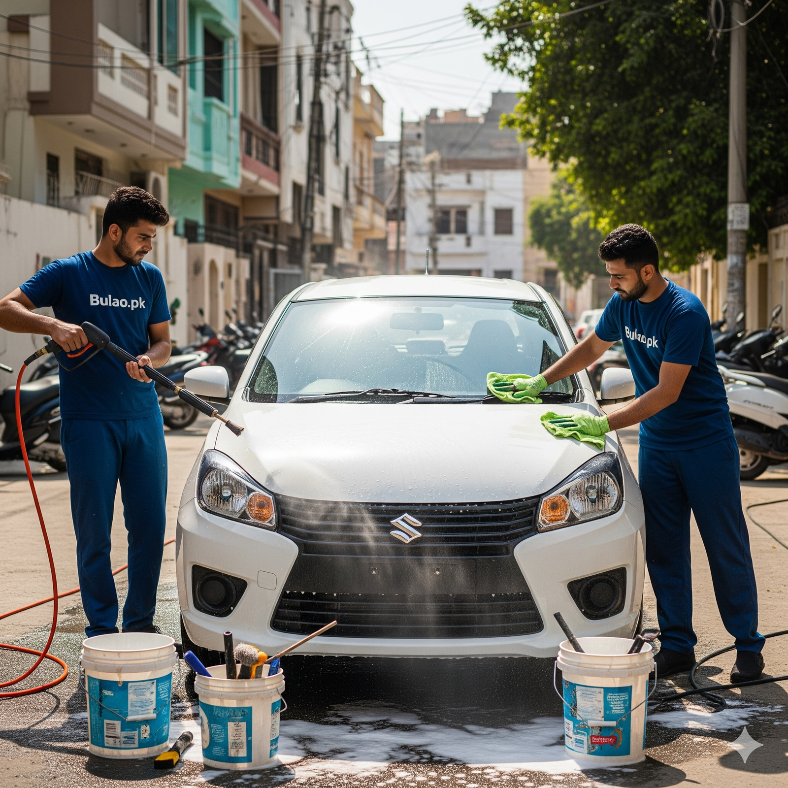 Two Bulao.pk technicians in navy blue uniforms washing and polishing a white Suzuki Cultus 2021 model on a Karachi residential street.