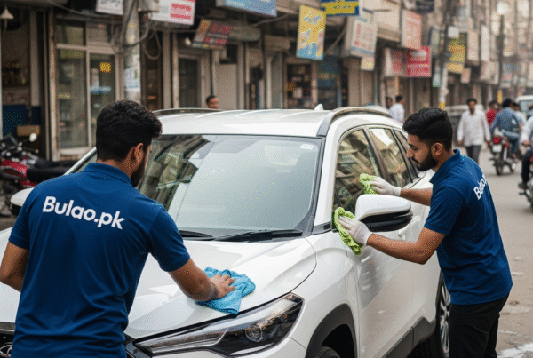 Two professional car detailers from Bulao.pk cleaning and polishing a white Toyota Corolla Cross on a Karachi street, wearing navy blue uniforms with Bulao.pk logo, realistic city background
