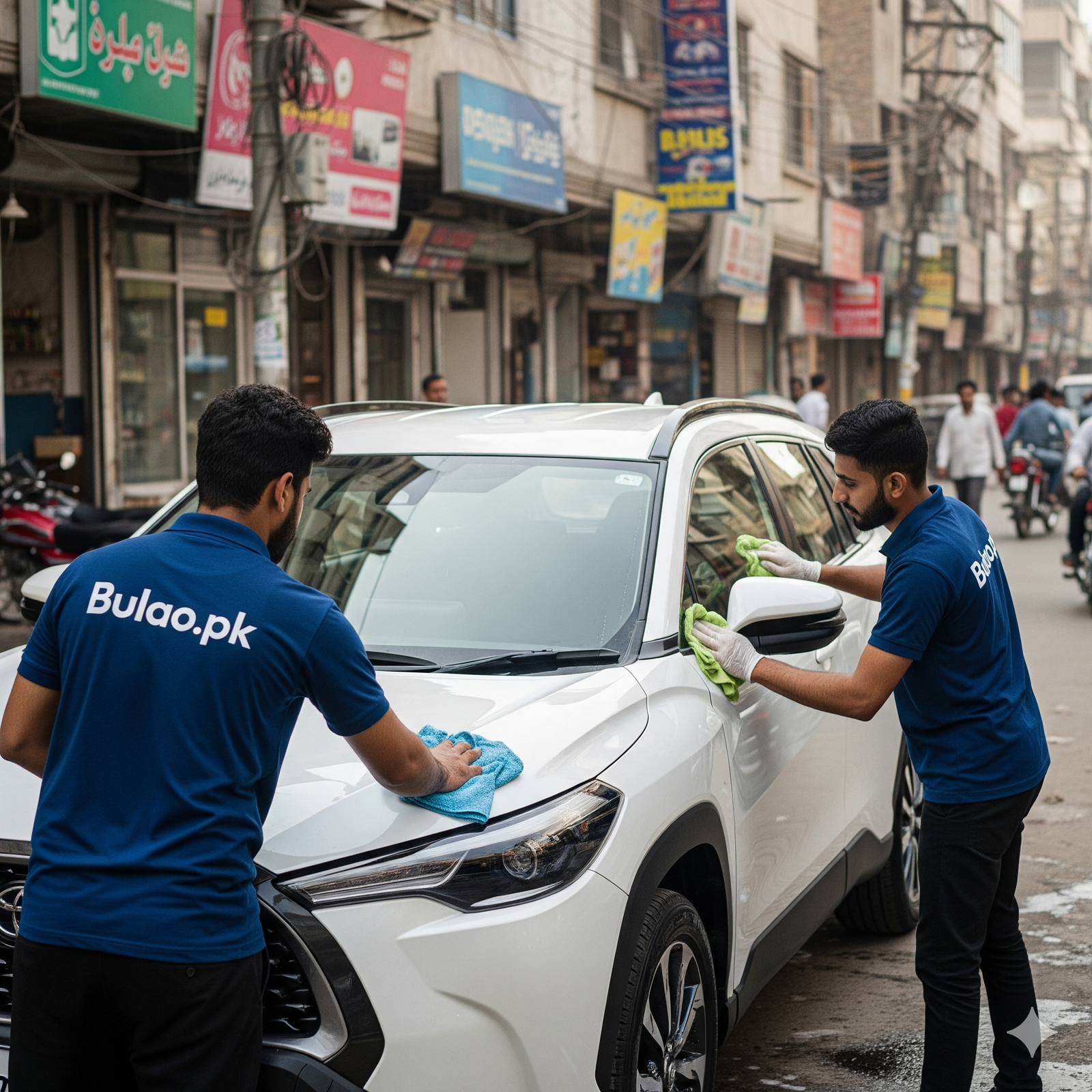 Two professional car detailers from Bulao.pk cleaning and polishing a white Toyota Corolla Cross on a Karachi street, wearing navy blue uniforms with Bulao.pk logo, realistic city background