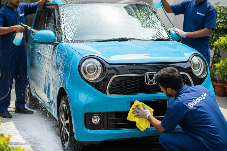 Honda N-One getting detailed in Karachi with foam wash and polish for a spotless, stylish finish