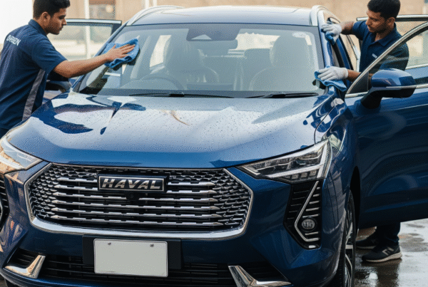 Haval Jolion car cleaning and detailing service in Karachi with technicians performing exterior polishing and interior cleaning for a fresh, spotless look.