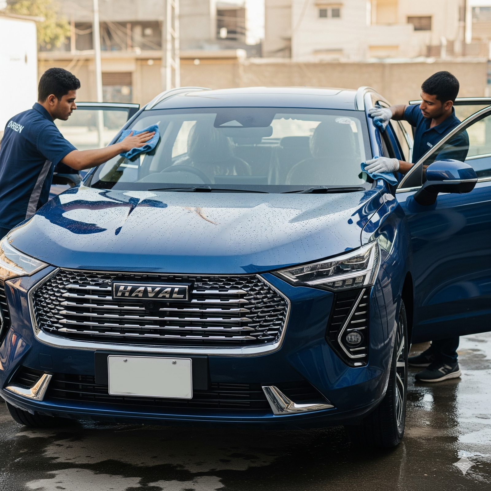 Haval Jolion car cleaning and detailing service in Karachi with technicians performing exterior polishing and interior cleaning for a fresh, spotless look.