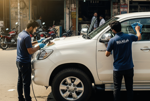Professional Bulao.pk technicians detailing a white Toyota Hilux Revo pickup truck on a Karachi street, polishing and cleaning the exterior for a spotless finish.