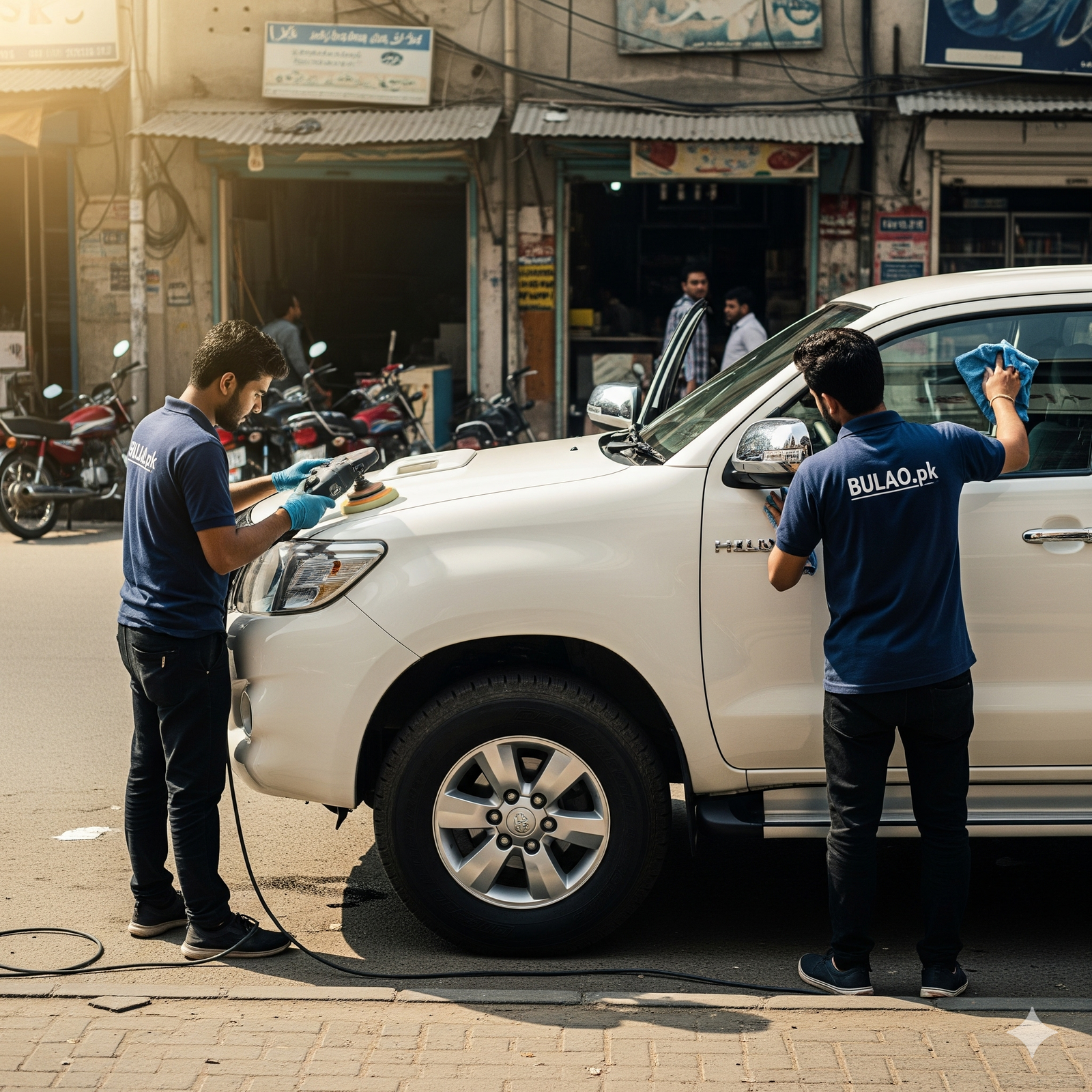 Professional Bulao.pk technicians detailing a white Toyota Hilux Revo pickup truck on a Karachi street, polishing and cleaning the exterior for a spotless finish.