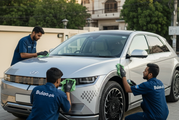 Hyundai Ioniq 5 electric SUV receiving professional exterior cleaning and detailing service in Karachi with Bulao.pk technicians.